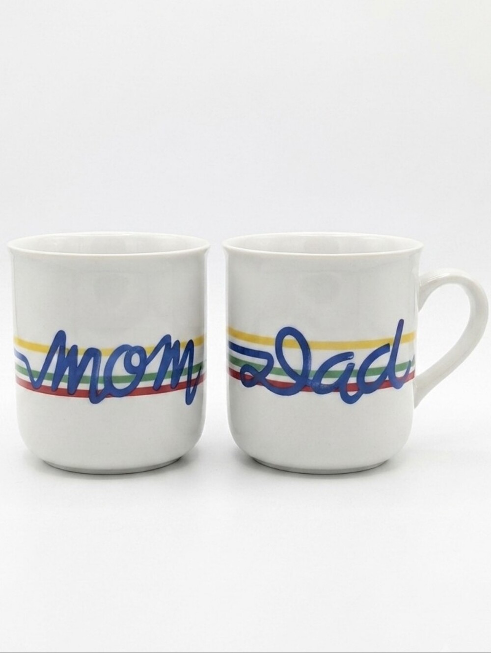 Vintage 1980s Omnibus Japan Mom & Dad Coffee Mug Set Retro Colorful Stripes